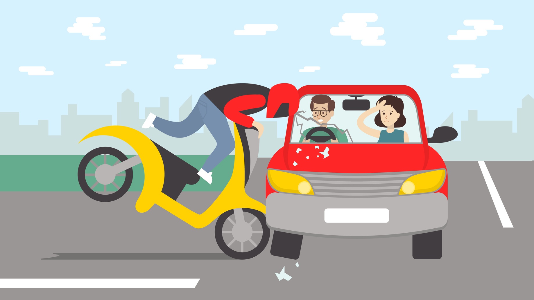 A cartoon of someone driving a moped running into the side of a car.