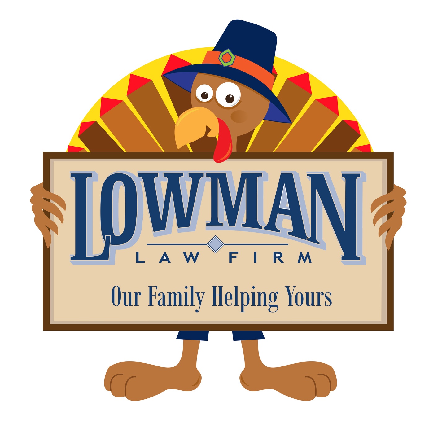 An animated turkey holding a lowman law firm sign