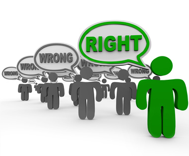 Right Vs Wrong One Person Has Correct Answer Many Incorrect One person or student out of several people in a class or crowd says the right answer or word while many others speak a wrong or incorrect response