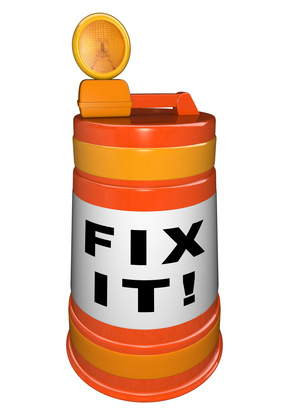 Fix It Words on Orange Construction Barrel How to Repair Work Ahead words on an orange traffic barrel signaling that a construction project is just down the road and you should look for an alternate route