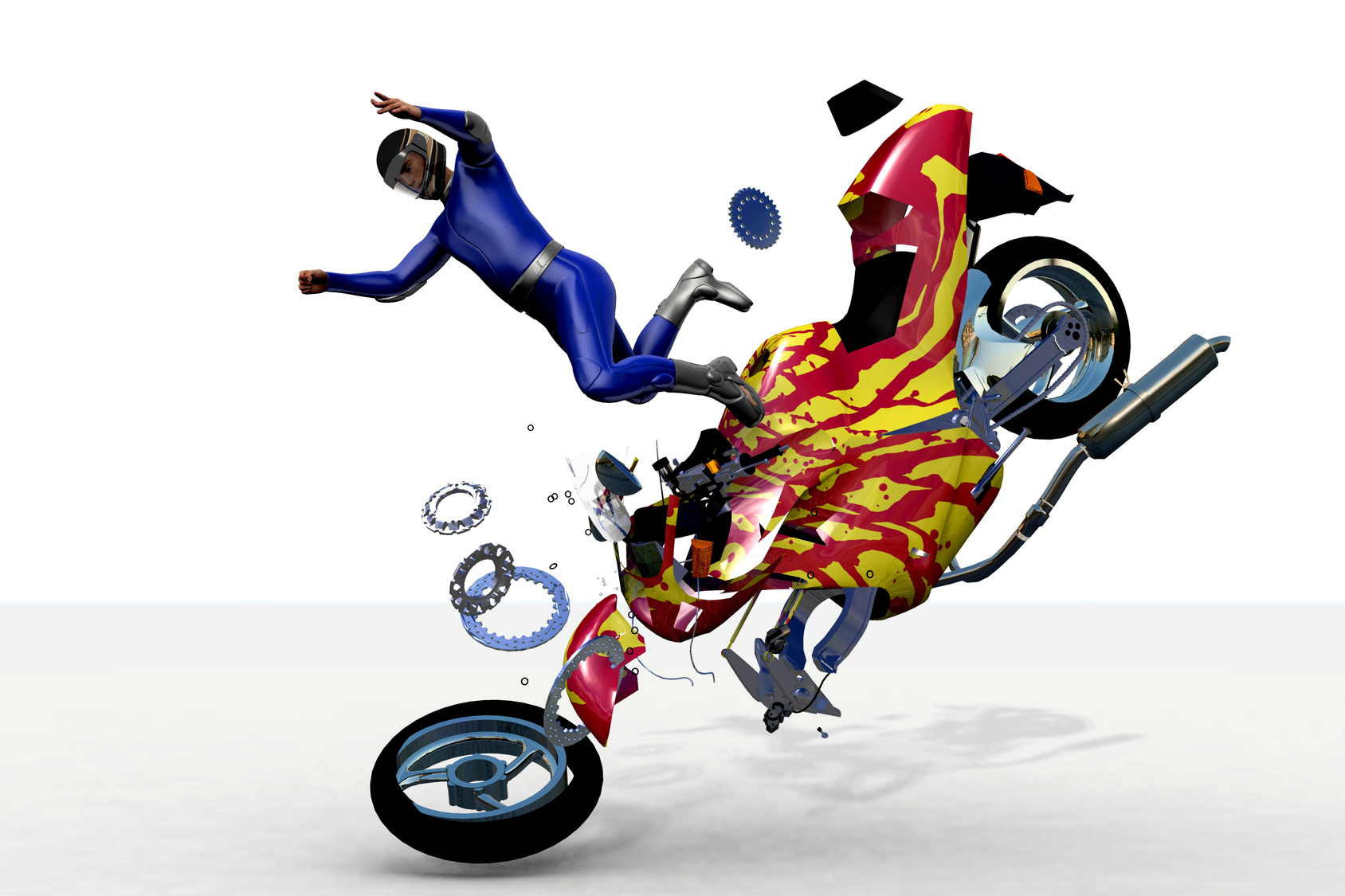 damage A cartoon animation still of a motorcyclist being flung off their motorcycle after a crash