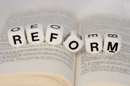REFORM letter dice on a book that reads "reform"