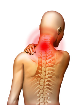 Neck pain Back-pain located in the neck area. Digital illustration.