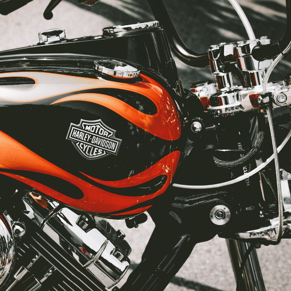 Closeup of a Harley Davidson motorcycle gas tank.